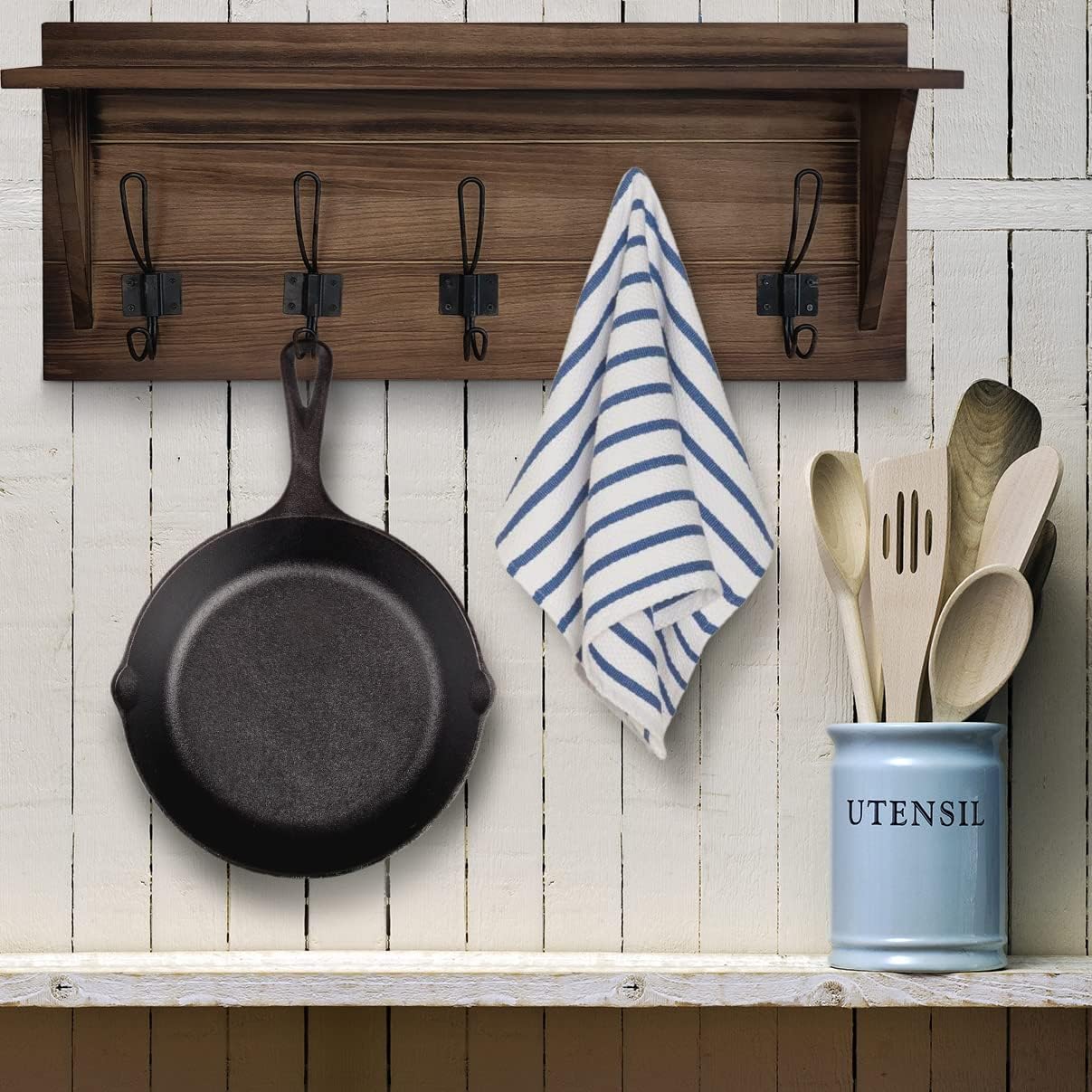 HBCY Creations Rustic Brown Solid Wood Wall Mounted Coat Rack with Shelf, 5 Hooks, 24" Long - Kitchen, Mudroom, Entryway, Bathroom - Includes Mounting Hardware, Coat Hanger, Dog Leash Hooks