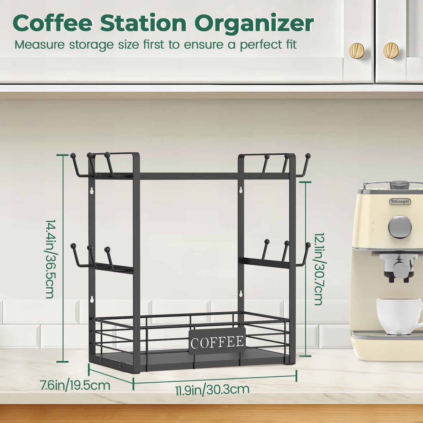 EsLuker.ly Coffee Mug Cup Holder Tree Bar Station Organizer, 2 Tier Mug Stand Rack for Countertop Kitchen, Storage Tower Display Shelf with 12 Hooks, Coffee Nook Enhancer, Black