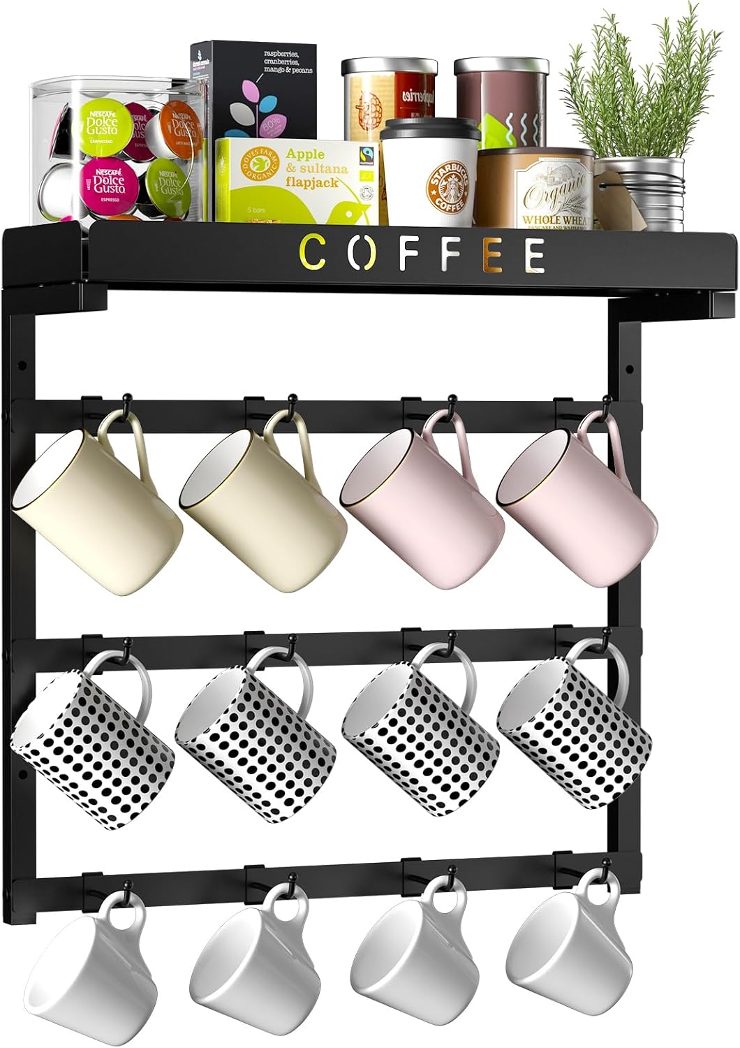 RCHYFEED Coffee Mug Holder Wall Mounted, Mug Rack Organizer for Home Kitchen Display and Collection, Metal Cup Holder Mug Tree with Adjustable 12 Hooks and Storage Shelf for Coffee Pods Sugar Bags