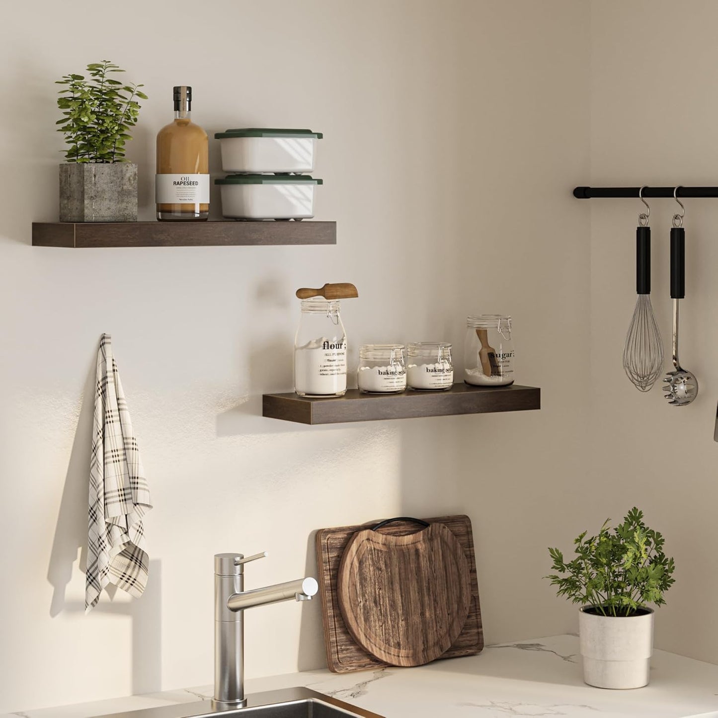 Floating Shelves for Wall, 24" W x 6.7" D x 1.5" H, Wooden Wall Mounted Display Shelves with Invisible Brackets for Living Room, Bedroom, Bathroom, Kitchen Decor and Storage, Set of 2, Walnut