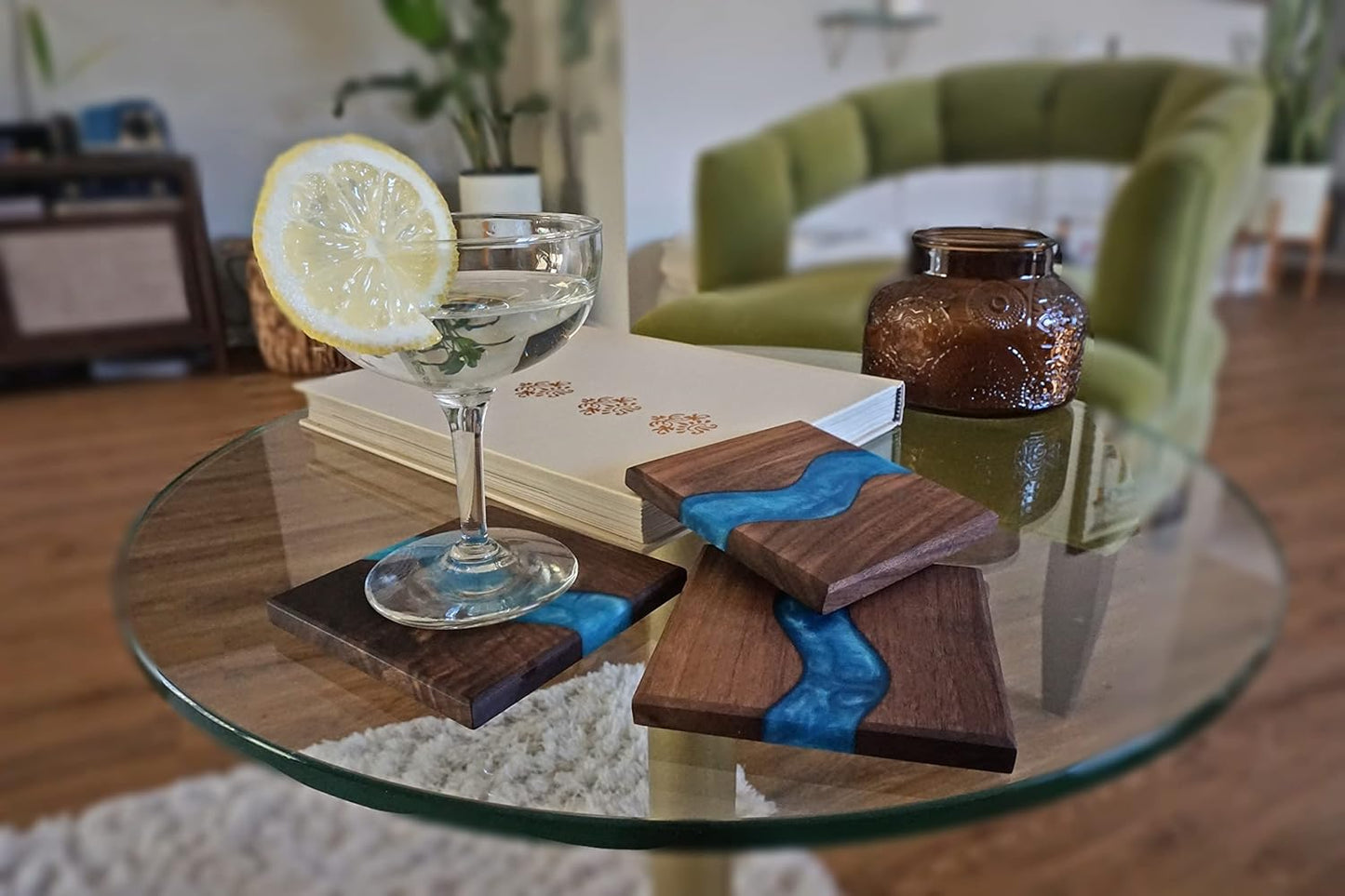 Generic Wood Coaster Set for Drinks | Handmade with Dark Walnut & Natural Wood Sealant Finish for Water Resistance, Easy Cleaning & No Stains | Epoxy Resin River (4 Pieces) (Blue)