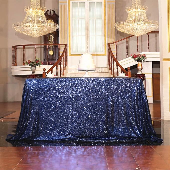 SquarePie Sequin Tablecloth 50 x 72 Inch Navy Blue Sparkly Table Linen for Wedding Party