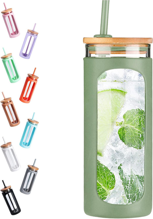 Kodrine 20oz Glass Tumbler with Straw and Lid, Iced Coffee Cups with Bamboo Lids, Glass Cups for Cold Drinks, Smoothie Cup with Silicone Sleeve for Travel, Work, BPA FREE-Olive