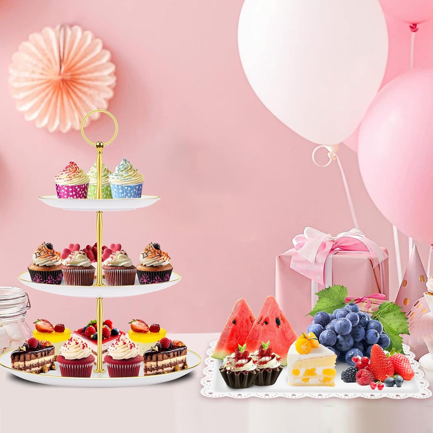 PinCute 5 Pcs Dessert Table Display Set - 2 X Cupcake Stand Holder/Cup Cake Tier Tower & 3 X Serving Tray Combo for Tea Party, Birthday, Baby Shower (Round)