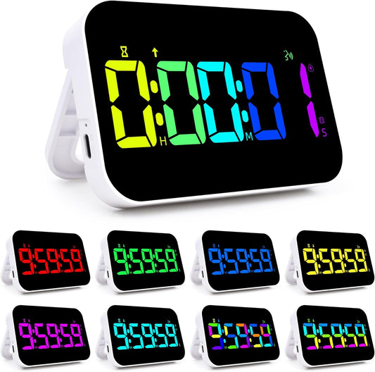 Kitchen Timer （1.5" Number） 10 RGB Color Changing Digital Magnetic Timer, Countdown/Up, Rechargeabilit, 3 Brightness Display, 3 Volume Levels and Vibration Mode, for Classroom, Study, Fitness