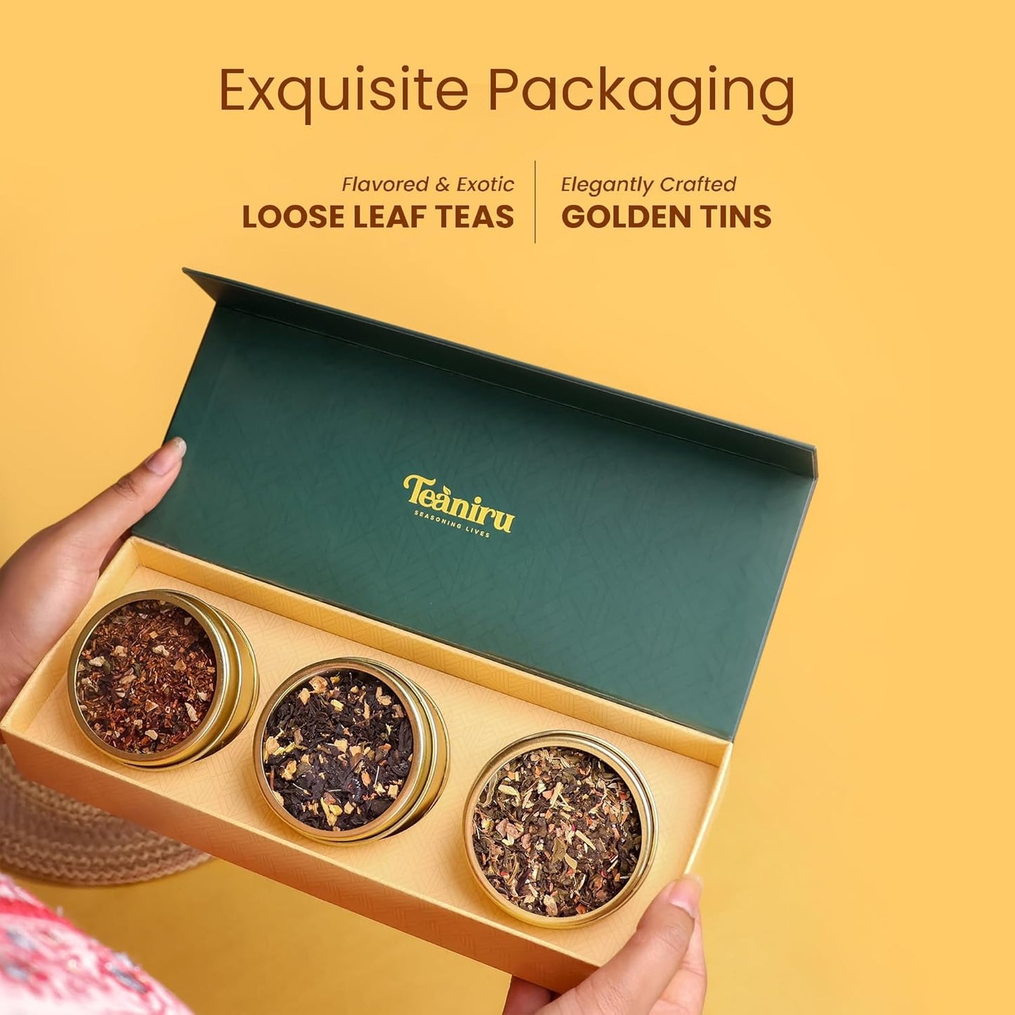Teaniru, Grandeur Tea Collection – Pack of 40 | Loose Leaf Tea Sampler Gift | 3 Flavored Tea - Black, Herbal & Green Tea | Loose Leaf Tea Gift Set for Corporate Gifting