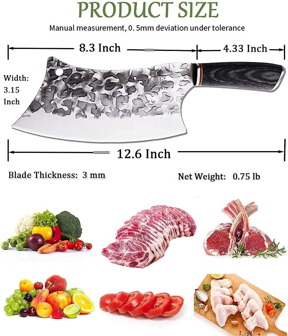 BLADESMITH Butcher Knife 8“, Forged Meat Cleaver Kitchen Knives, Curved High Carbon Steel Blade, PakaWood Handle, for Slicing and Cutting