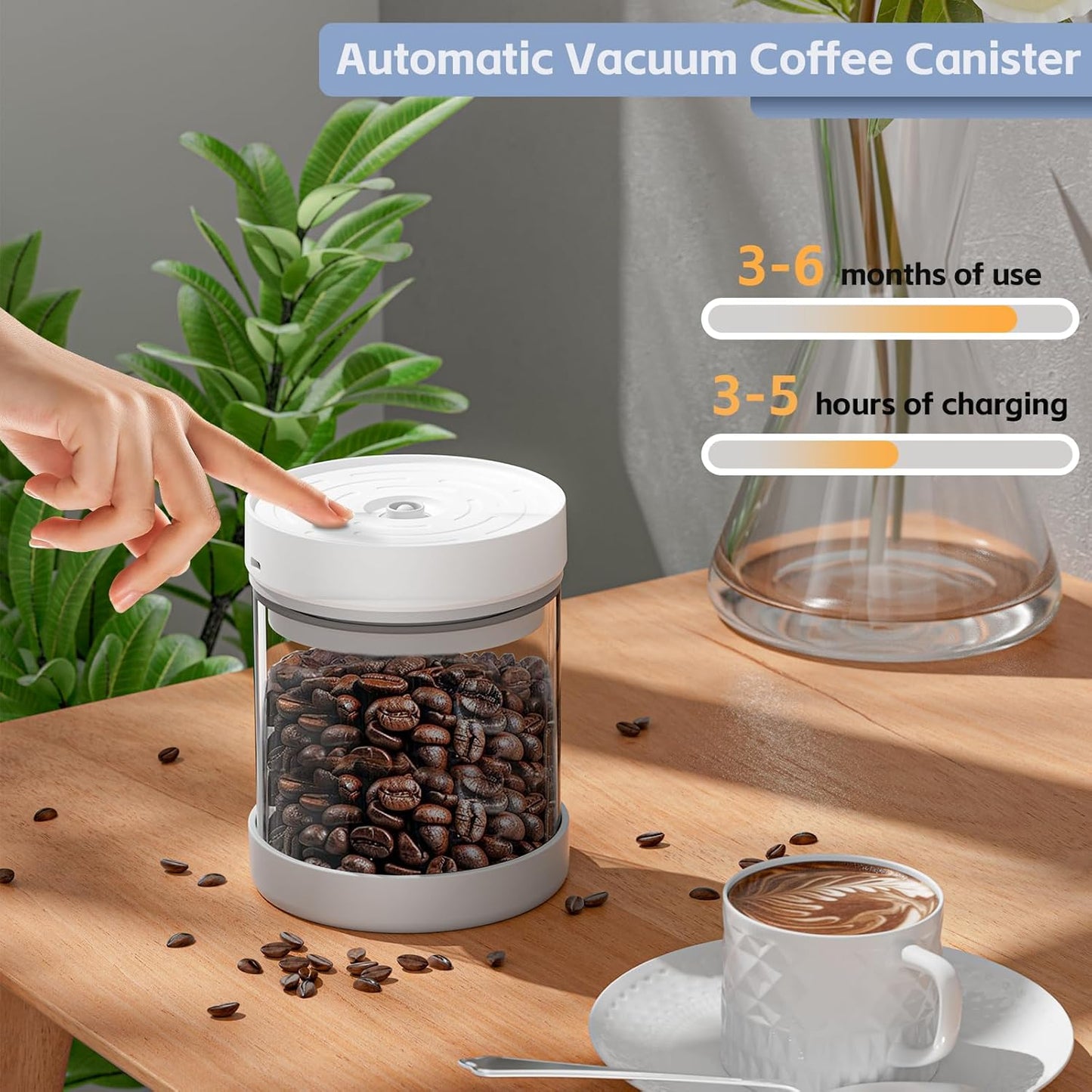 Auto Vacuum Coffee Container, 700ML/10oz Airtight Food Storage Containers, Coffee Bean Storage Canister, Glass Storage Jars for Beans & Food