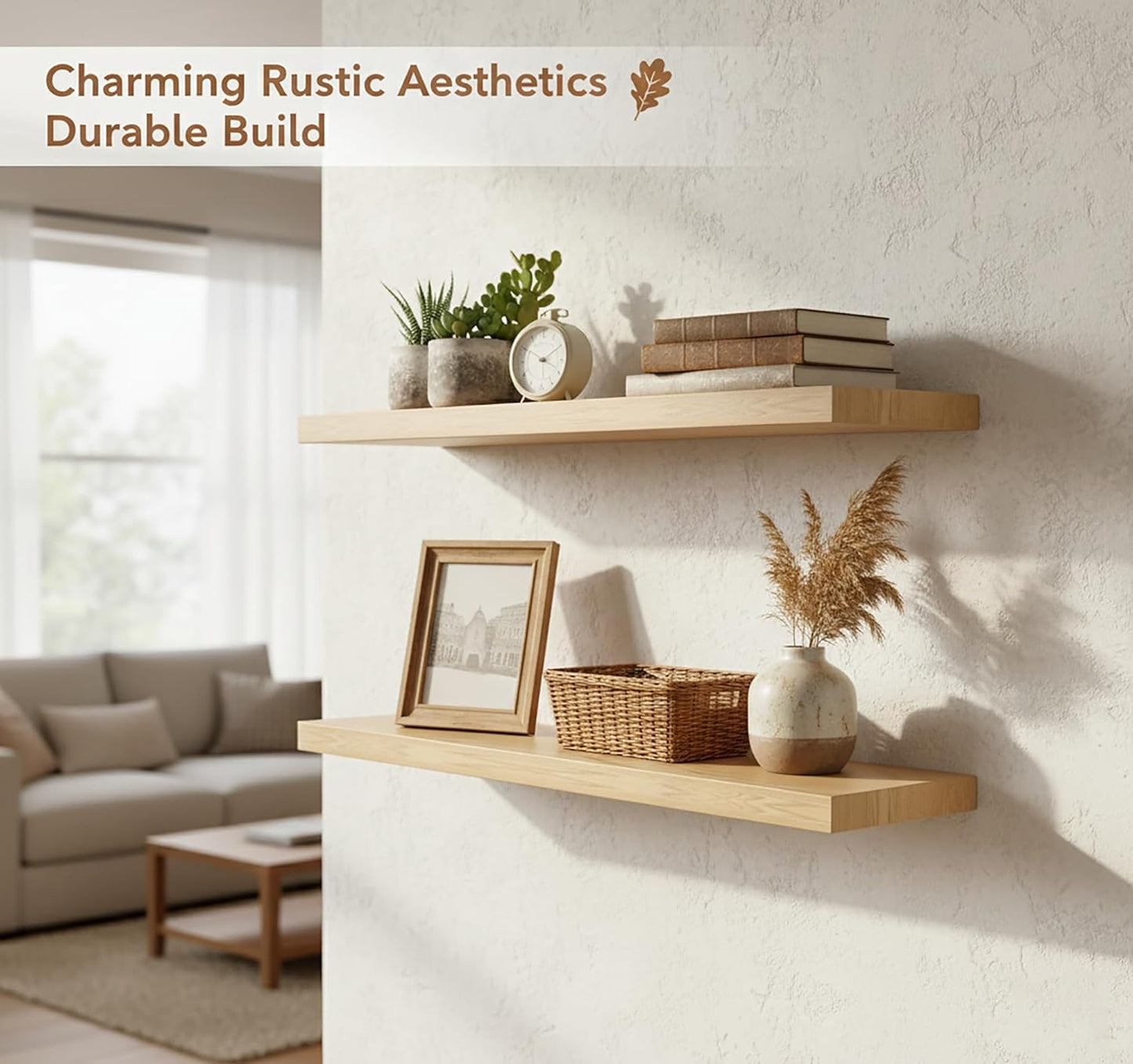 Lufia Floating Wall Shelves, Set of 2, MDF with Invisible Brackets, Modern Storage for Bedroom, Bathroom, Living Room, Kitchen (Oak, 24" W x 7" D x 1.5" H)