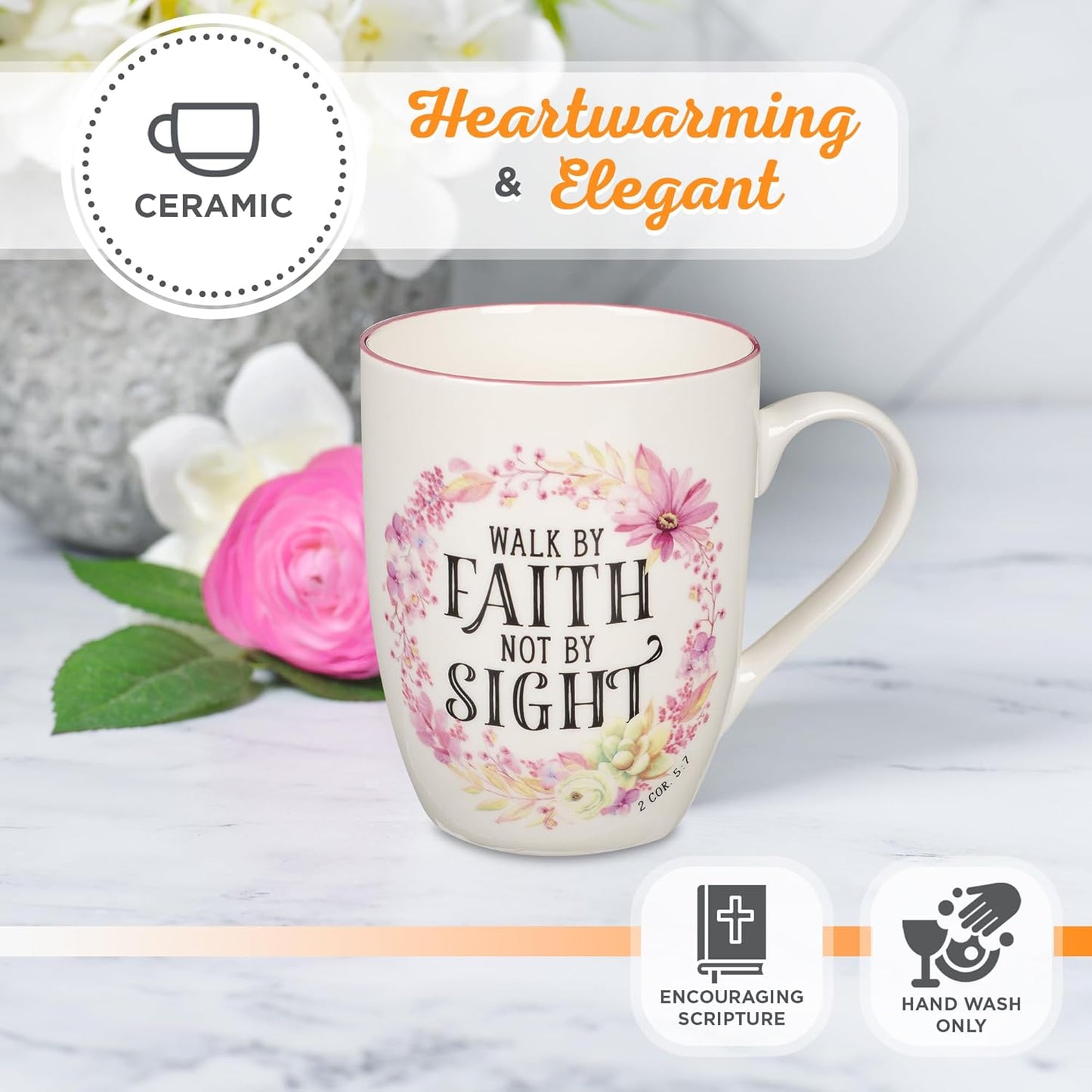 Christian Art Gifts Inspirational Scripture Ceramic Coffee & Tea Mug for Women: Walk by Faith Encouraging Bible Verse Cup, Microwave & Dishwasher Safe, Lead-free, White & Pink Floral Wreath, 12 oz.
