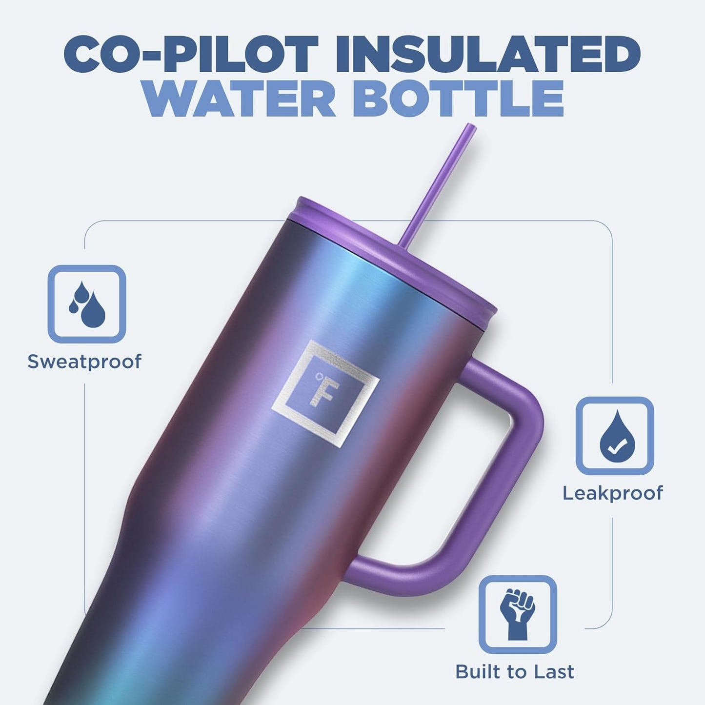 IRON °FLASK Co-Pilot Insulated Mug w/Straw & Flip Cap Lids - Cup Holder Bottle for Hot, Cold Drink - Leak-Proof - Water, Coffee Portable Travel Mug - Twilight Blue, 40 Oz