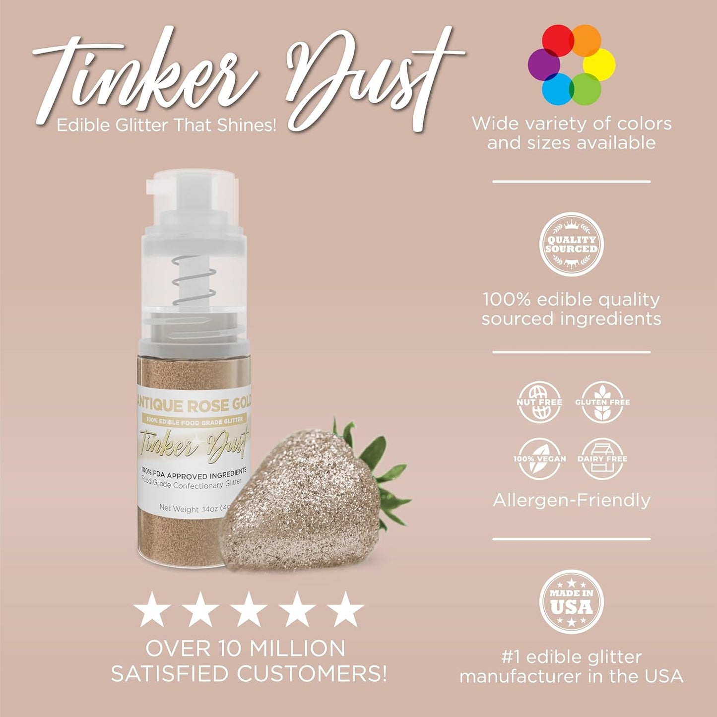 Bakell - Antique Rose Gold Tinker Dust (4g, 1x Mini Spray Pump) Edible Glitter for Food, Desserts, and Beverages!