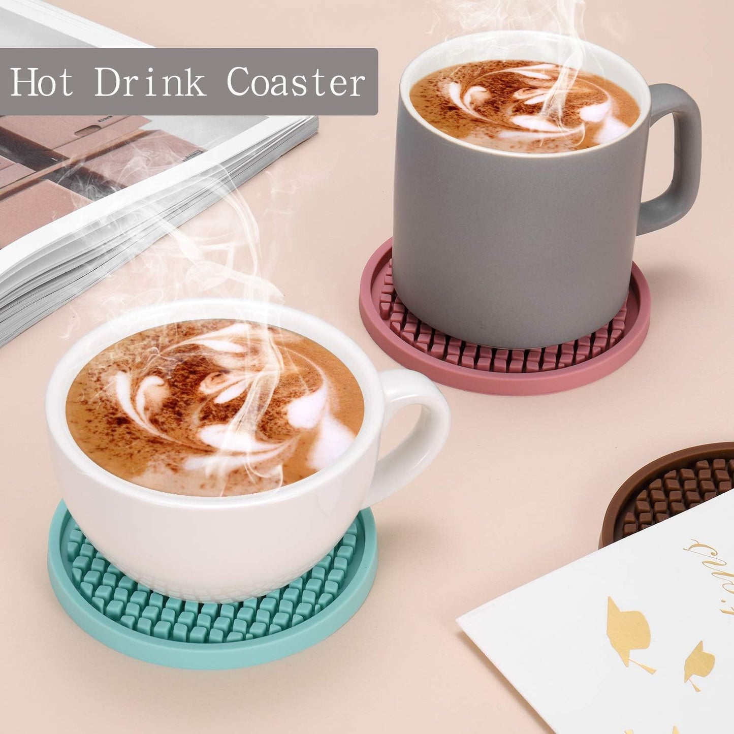 ME.FAN Silicone Coasters [6 Pack] Thickened Drink Coasters with Holder - Cup Mat - Non-Slip, Non-stick, Stay Put, Deep Tray - Prevents Furniture and Tabletop Damages(Coffee)