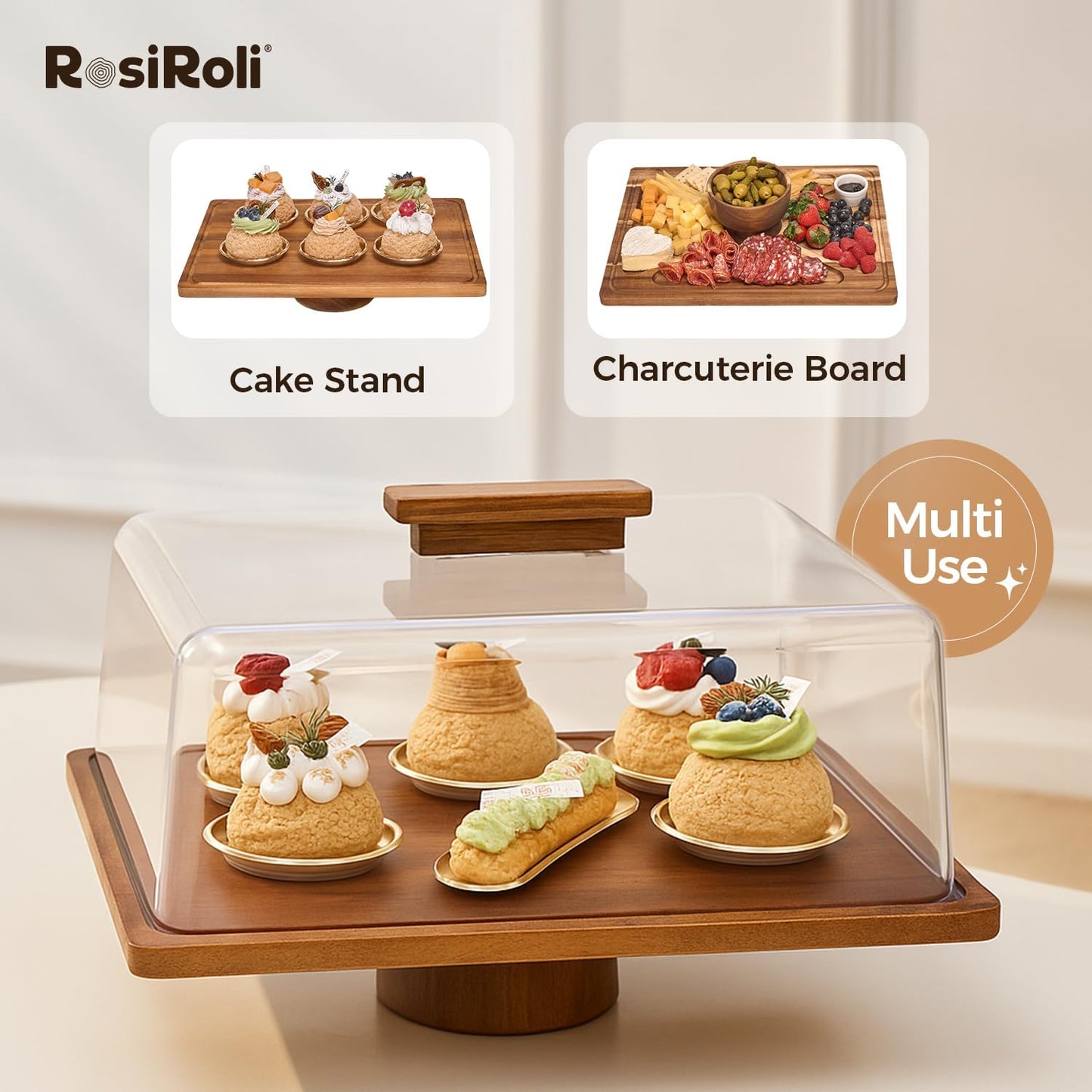 Acacia Wood Cake Stand with Lid –2-in-1 Rectangular Charcuterie Board & Dessert Display, Shatterproof Acrylic Dome Cover for Freshness, Serving Platter for Parties, Weddings, Birthdays, Gifts