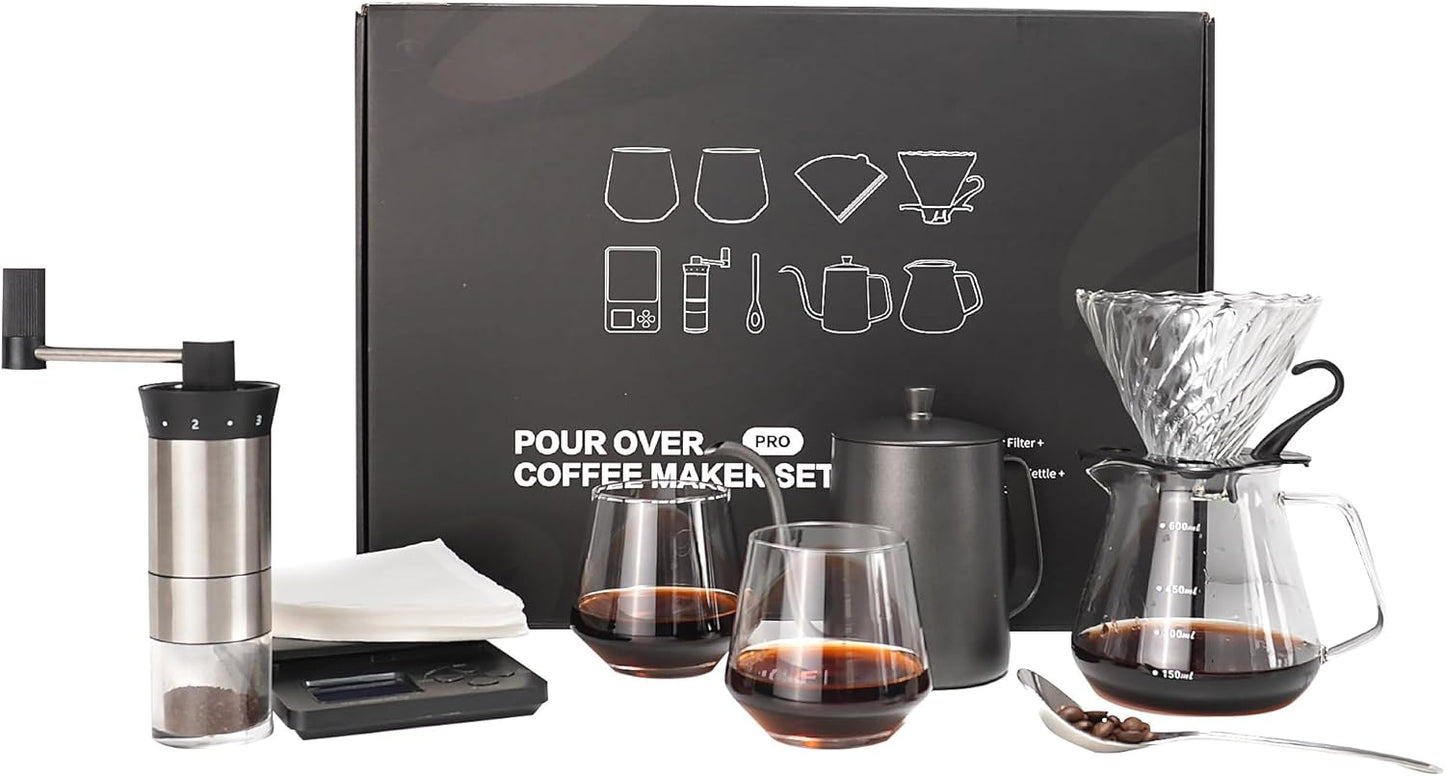 SuperCook Hand Drip Pour Over Coffee Set, All in One Includes Gooseneck Kettle, V60 Glass Dripper, Paper Filter, Cups, Manual Grinder, Scale, Ideal for Anniversary Birthday Gift