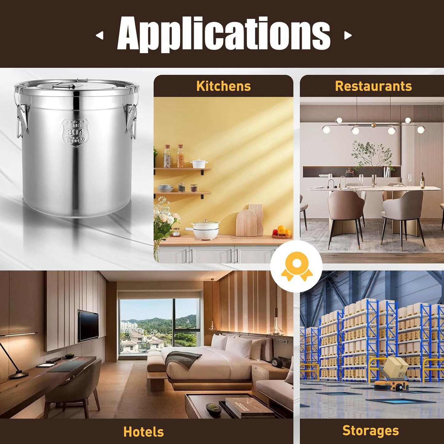 PERFERATE 304 Stainless Steel Airtight Canister 6L/12L Food Storage Bucket with Lids and Sturdy Locking Clamp Metal Cereal Rice Storage Container for Flour, Coffee Bean, Sugar, Cookie (33L)