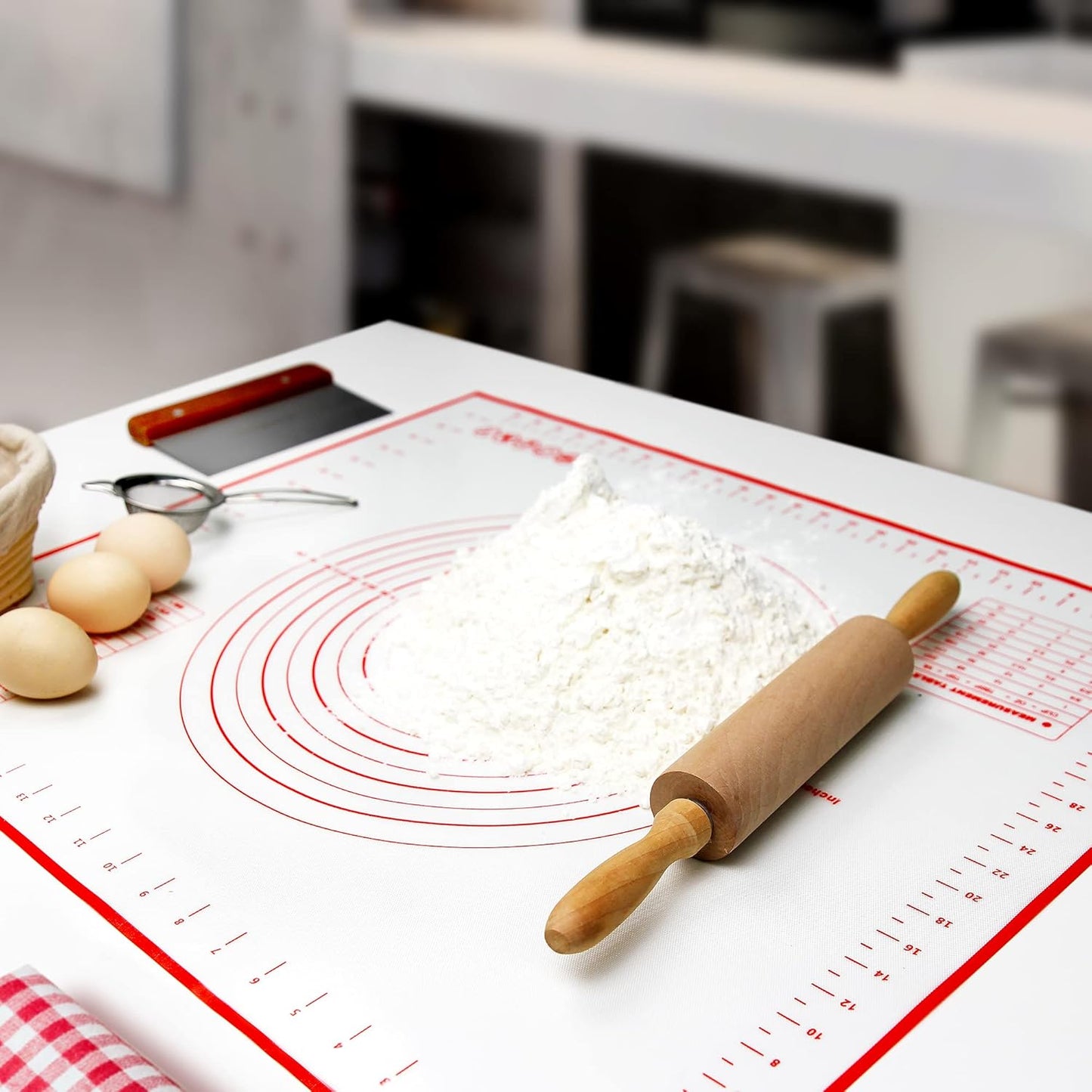 Silicone Pastry Baking Mat with Measurements Extra a Brush and a Dough Scraper - 31.5” x 23.6” Heat Resistant, BPA Free, Non-Stick Non-Slip Pastry Mat for Rolling Dough - Easy to Clean, Red