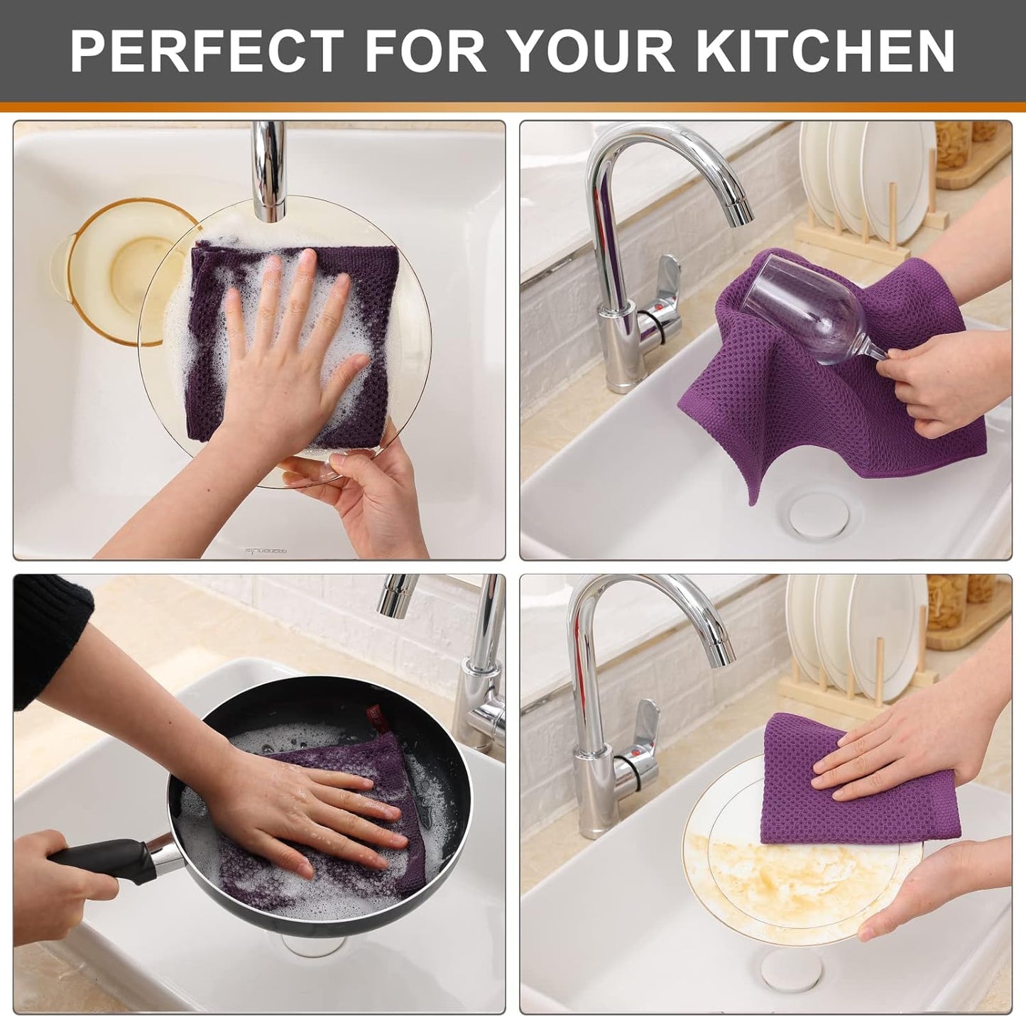 Kitinjoy 100% Cotton Kitchen Dish Cloths, 6 Pack Waffle Weave Ultra Soft Absorbent Dish Towels for Drying Dishes Quick Drying Kitchen Towels Dish Rags, 12 X 12 Inches, Violet