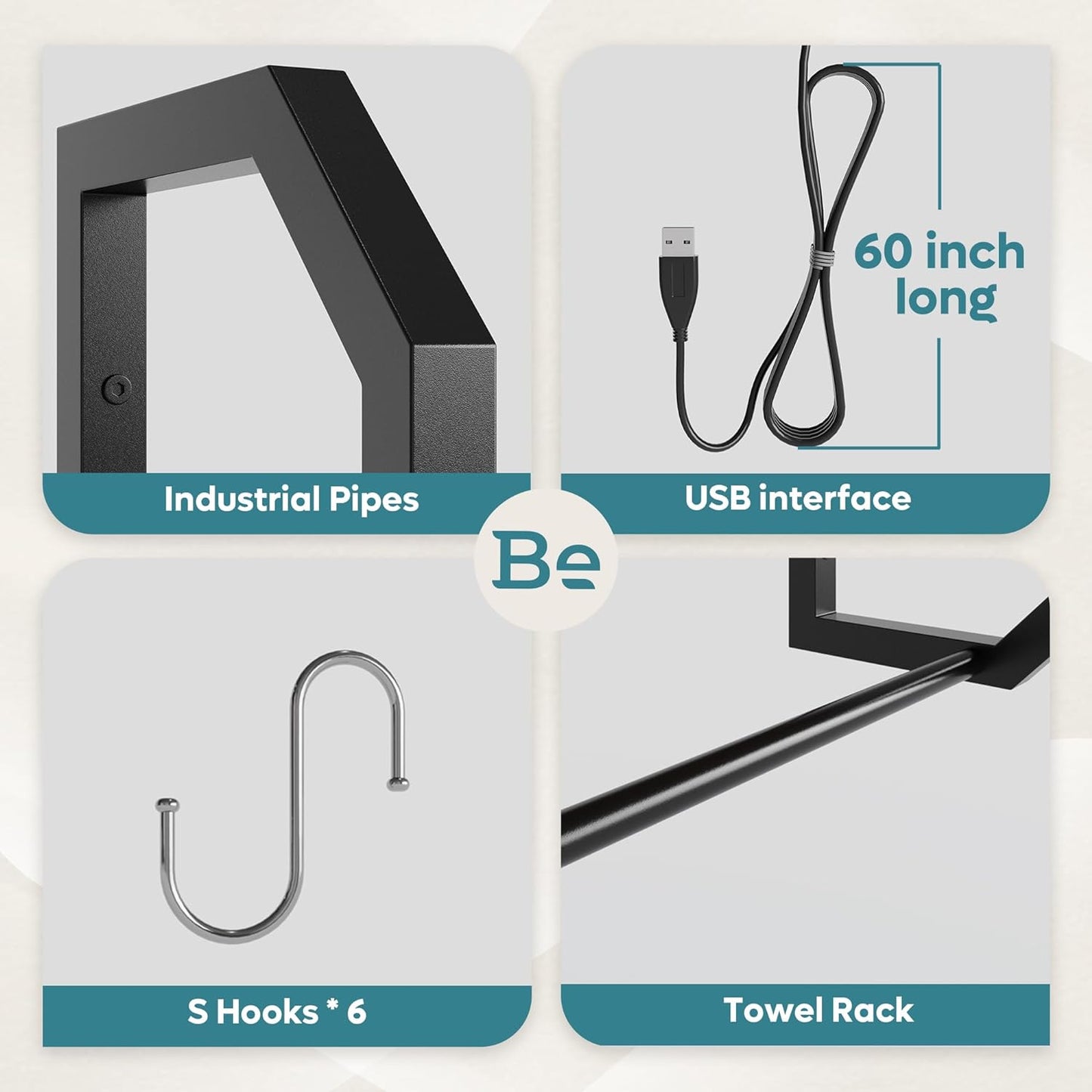 Bestier LED Kitchen Floating Shelves, 34" Industrial Pipe Shelves with Adjustable Glass Shelves, Wall Mounted Shelf with 6 S-Hook Towel Bar, Wine Coffee Bar Rack for Room Decor Rustic Brown