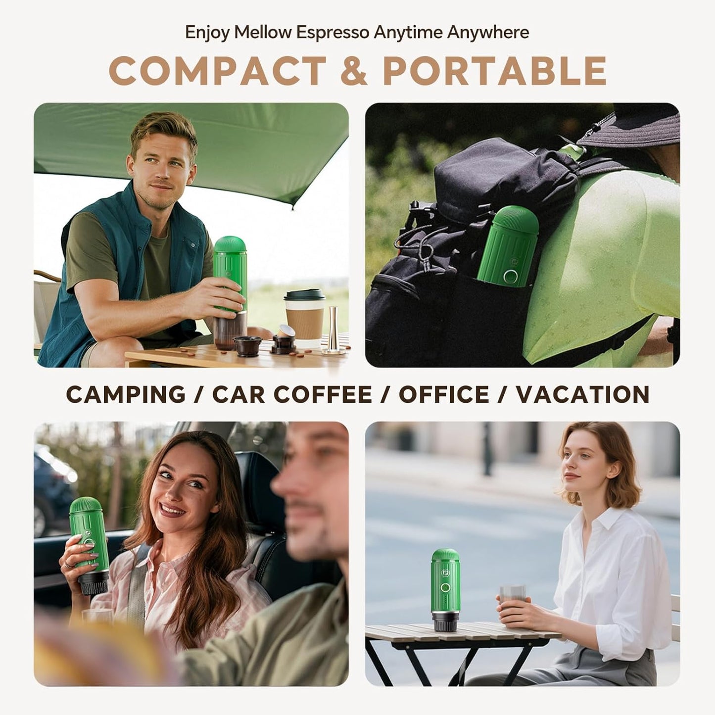 Rich Crema Portable Electric Espresso Coffee Maker, Fast self-heating 2 IN 1 Extraction System Espresso Machine, Support Ground Coffee and NS capsule, for Travel,Car,Hiking,Climbing（Green）