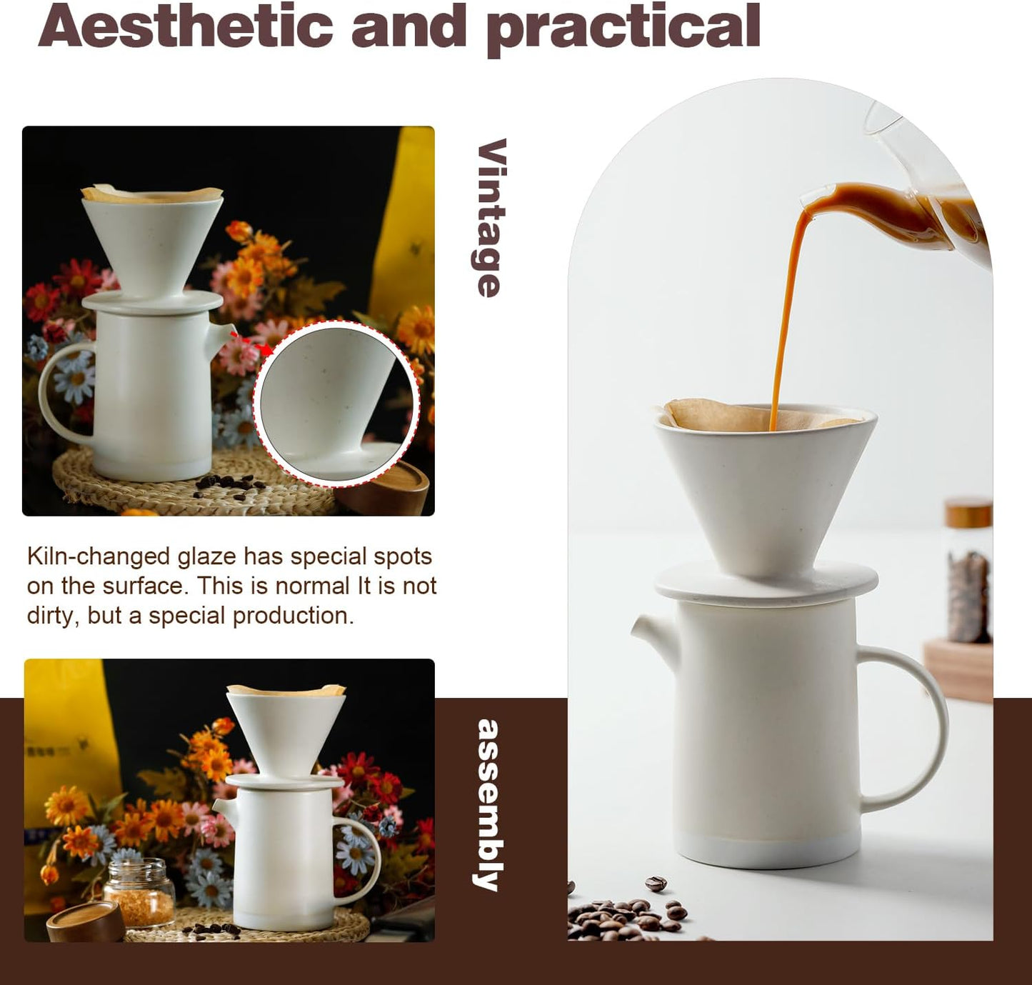 Pour Over Coffee Maker Set Vintage Ceramic Pour Over V60 Coffee Dripper Set with 20 Count Paper Coffee Filters,for Home Café Restaurant Camping,15.8 Ounces(White)