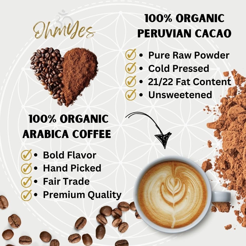 Organic Mushroom Coffee with Cacao – 11x Adaptogenic Mushrooms for Focus, Clarity & Energy – Lion’s Mane, Reishi, Chaga + Nootropic Superfood by OhmYes (7oz) - 99 Servings