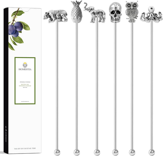 Homestia Stainless Steel Coffee Stirrers Sticks, 7.5" Zinc Alloy Head Cocktail Drink Stirrers Swizzle Sticks Picks Tools, 6PCS Reusable Beverage Stir Sticks for Chocolate Milk Juices (Animal Design)