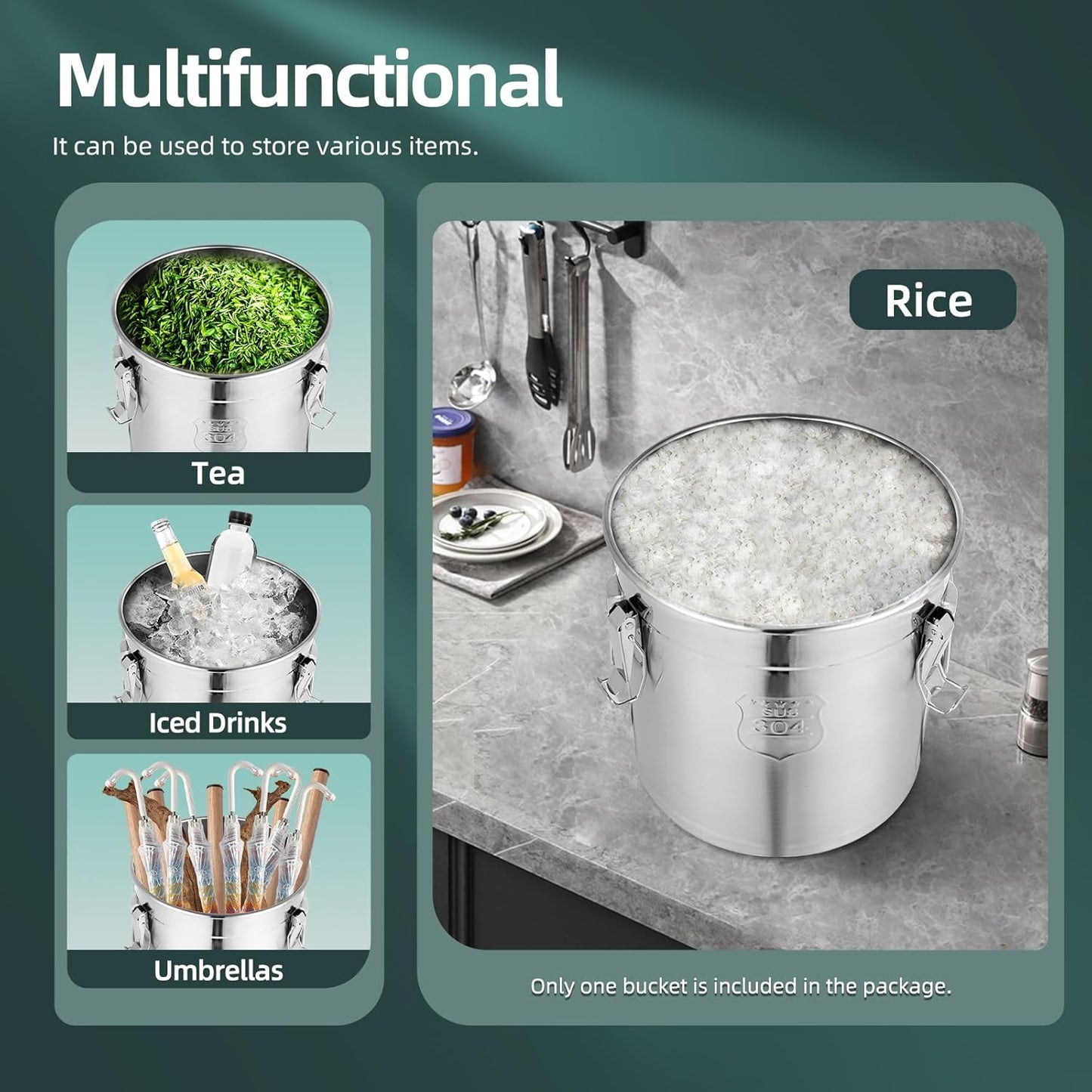 PERFERATE 304 Stainless Steel Airtight Canister 6L/12L Food Storage Bucket with Lids and Sturdy Locking Clamp Metal Cereal Rice Storage Container for Flour, Coffee Bean, Sugar, Cookie (21L)