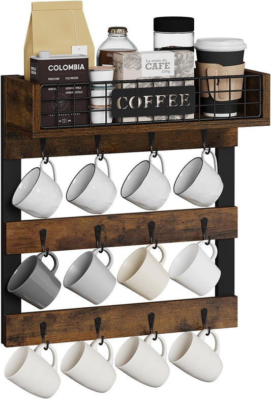 YINMIT Coffee Mug Holder Wall Mounted, Wood Mug Racks with 12 Hooks, Coffee Cup Holder for Wall with Storage Shelf, Cups Rack for Home, Kitchen