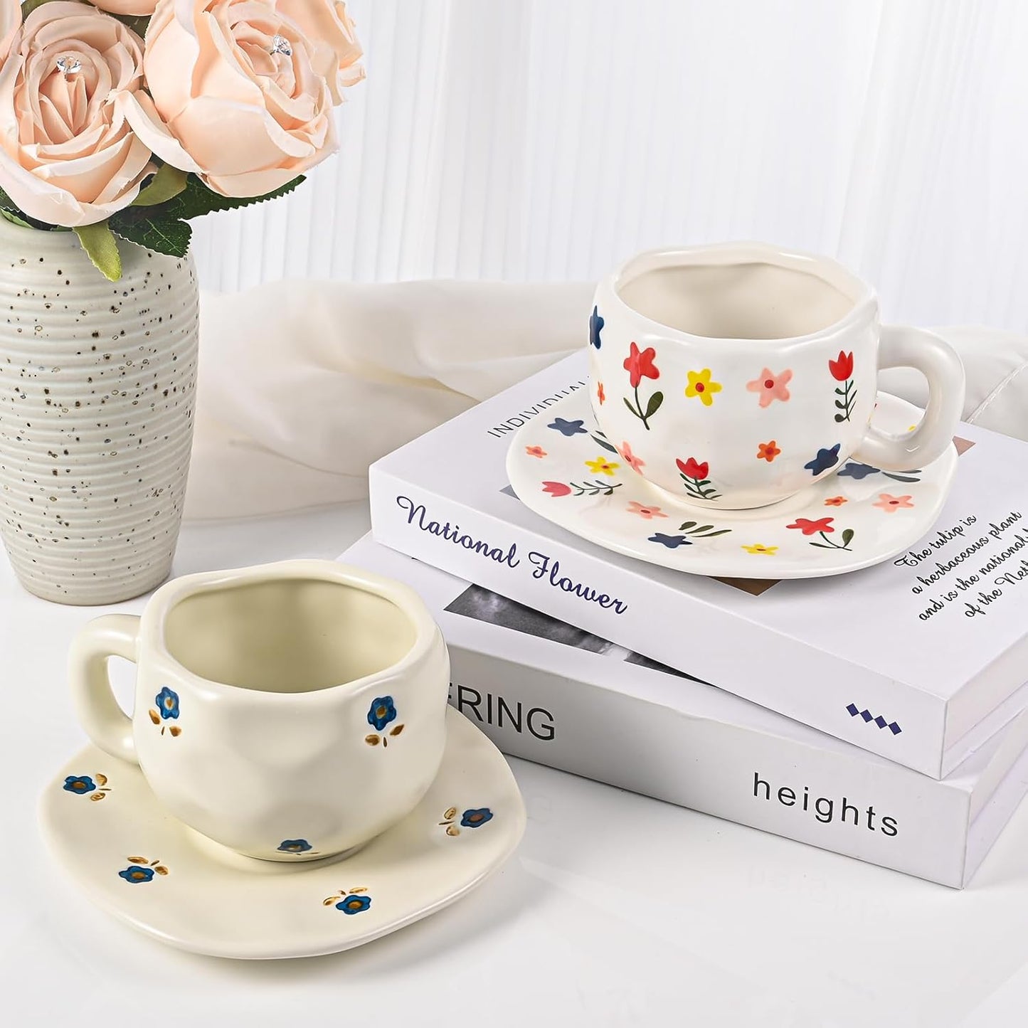 Ceramic Coffee Mug Vintage Flower Mugs 8 oz Cute Floral Coffee Mugs Irregular Latte Art Cup Lead-free Porcelain Cups for Cappuccino, Cocoa (Blue and Pink Mug with Saucers)