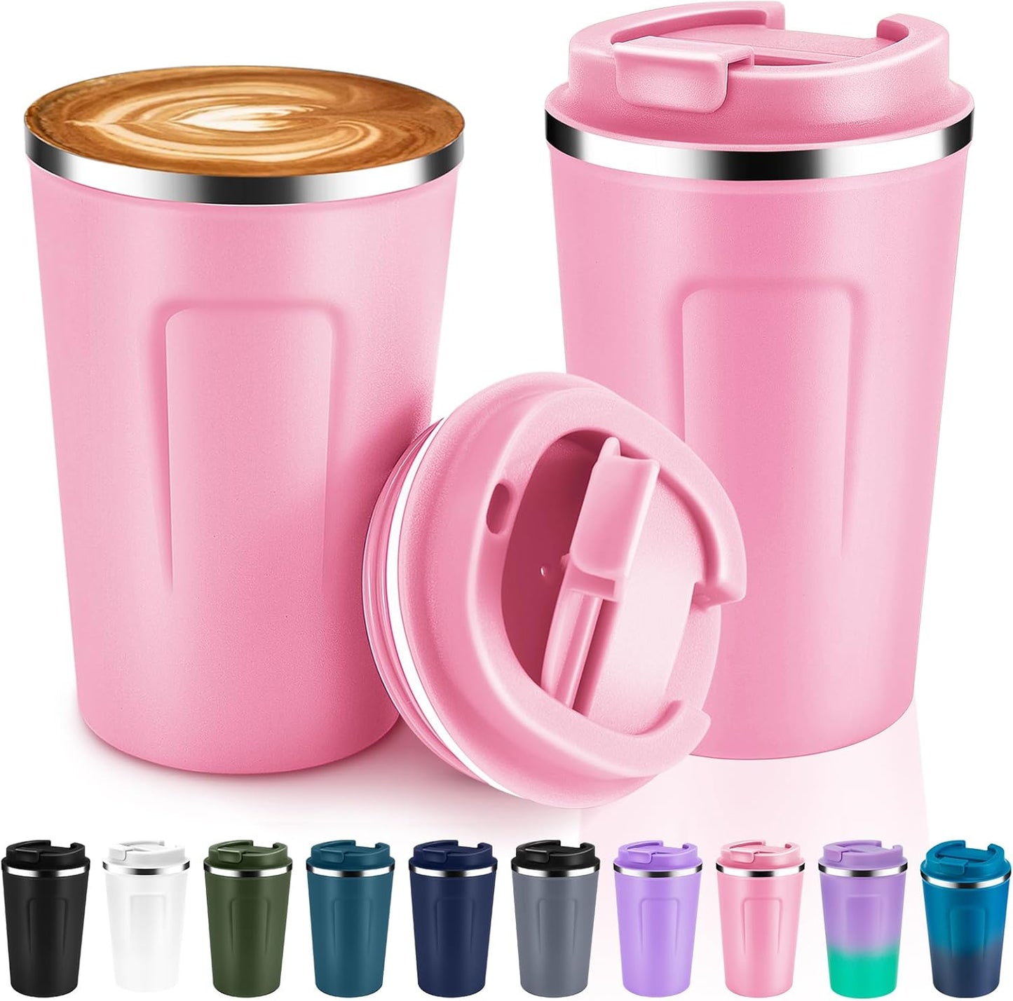 Volhoply 12 oz Double Wall Insulated Vacuum Travel Coffee Mugs with Flip Lid Bulk 2 Pack,Reusable Stainless Steel Leak Proof Coffee Cup,Portable Cafe Thermal Tumbler for Hot & Cold Drinks(Pink,2 Set)