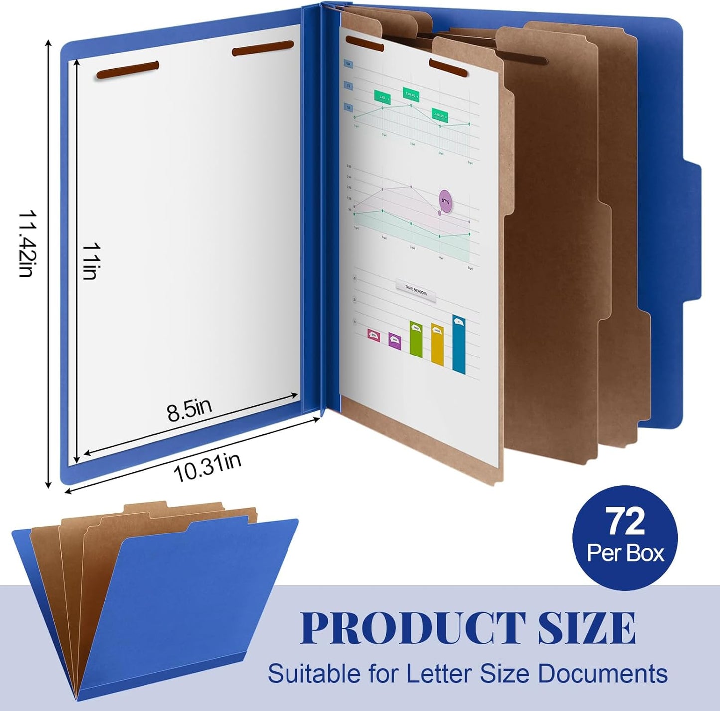 72 Pcs Classification Folders Letter Size, Back to School Supply for Teacher, Student, 3 Dividers Pressboard File Folder Bulk with 2 Fasteners, 3.5 Inch Expanding File Organizer (Dark Blue)