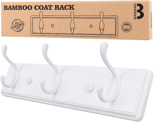 Wooden Coat Rack, Wall-Mounted Organizer for Closet, Entryway, Hallway, Foyer, Bedroom, Heavy Duty Double Hooks for Hanging Towels, Bags, Hats, Jackets, Key (White, 3 Hooks)