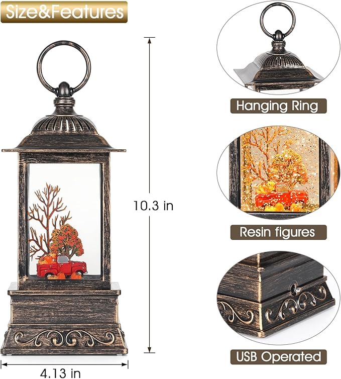 Fall Snow Globe Red Truck Lantern, Glitter Lighted Snow Globes Fall Decorations for Home, Light Up Snowglobe Fall Décor