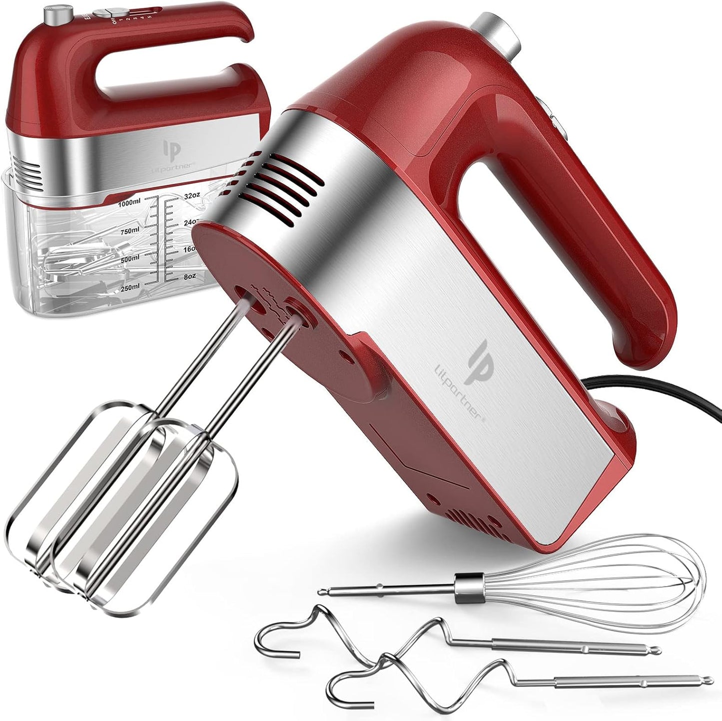 Hand Mixer Electric, 450W Kitchen Mixers with Scale Cup Storage Case, Turbo Boost/Self-Control Speed + 5 Speed + Eject Button + 5 Stainless Steel Accessories, For Easy Whipping Dough,Cream,Cake