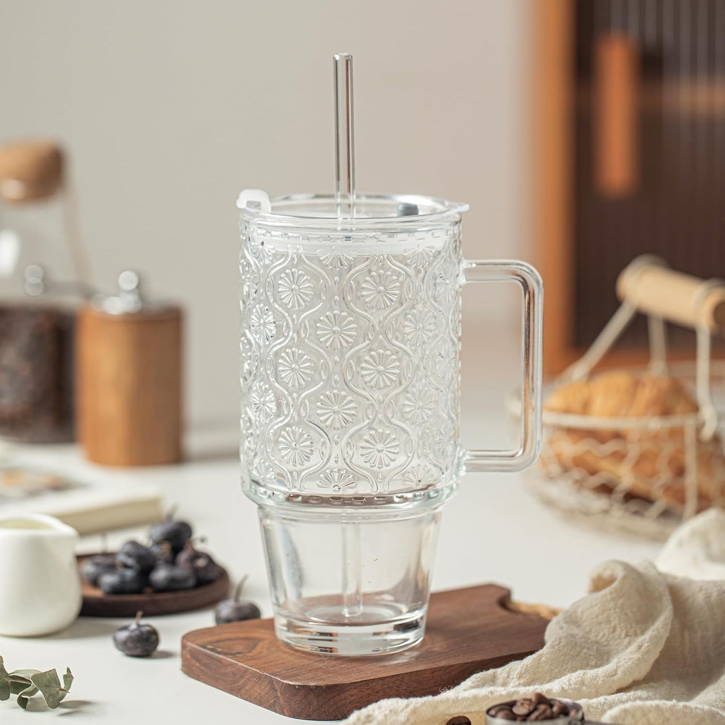 KEMORELA 2 Pack 24oz Glass Tumbler with Straw and Lid - Iced Coffee Cups with Handle, Reusable Smoothie Cup for Cold Drinks, Begonia Pattern, Dishwasher Safe