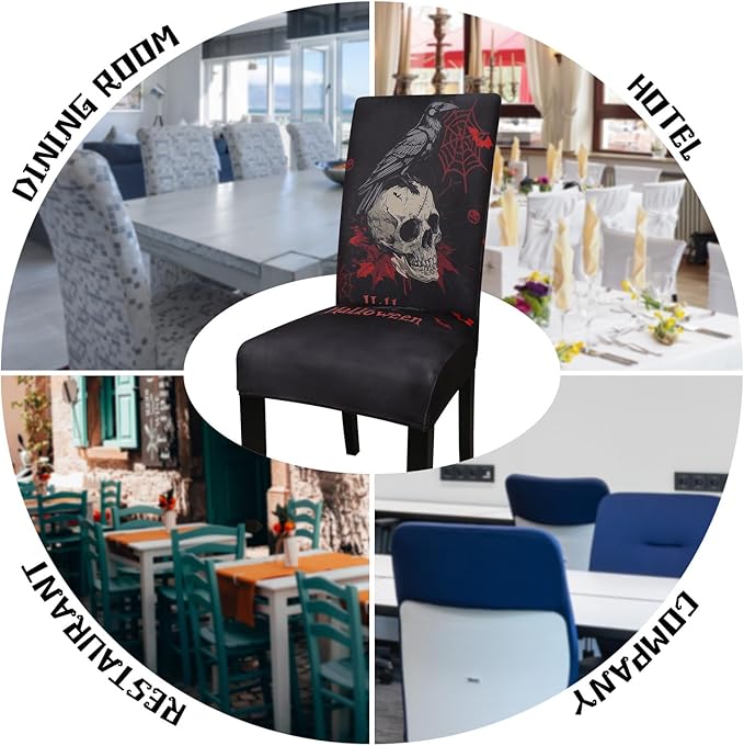 JQinHome Black Halloween Chair Slipcover,Skull Chair Covers Set of 6, High Stretch Washable Chair Protector Cover for Dining Room, Kitchen,Home Party,Wedding Ceremony(Skull Black,6PC)