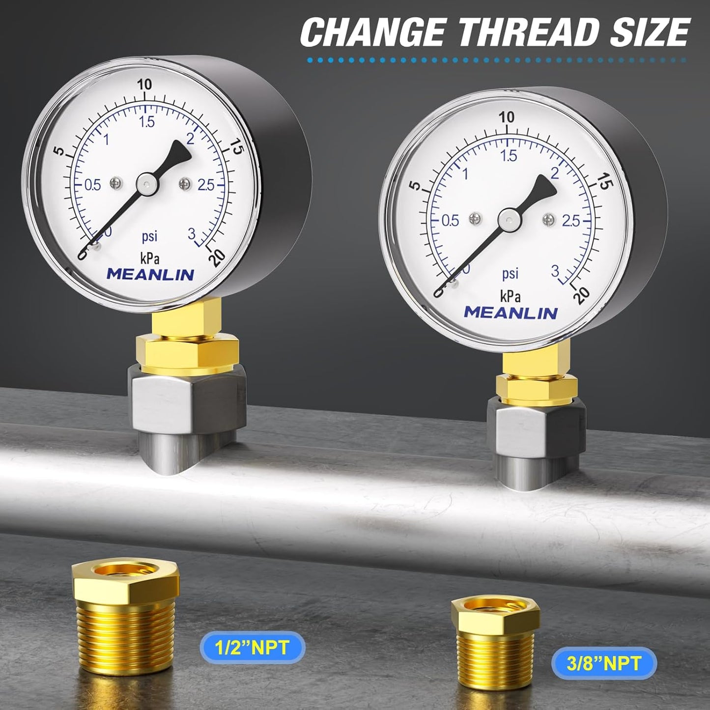 MEANLIN MEASURE 0-3Psi Diaphragm Type Capsule Low-Pressure Gauge, Water Column Gauge, 2.6" Dial, 1/4" NPT, Rear Adjustable Knob, with 1/2" NPT and 3/8" NPT Hex Bushing, Lower Mount