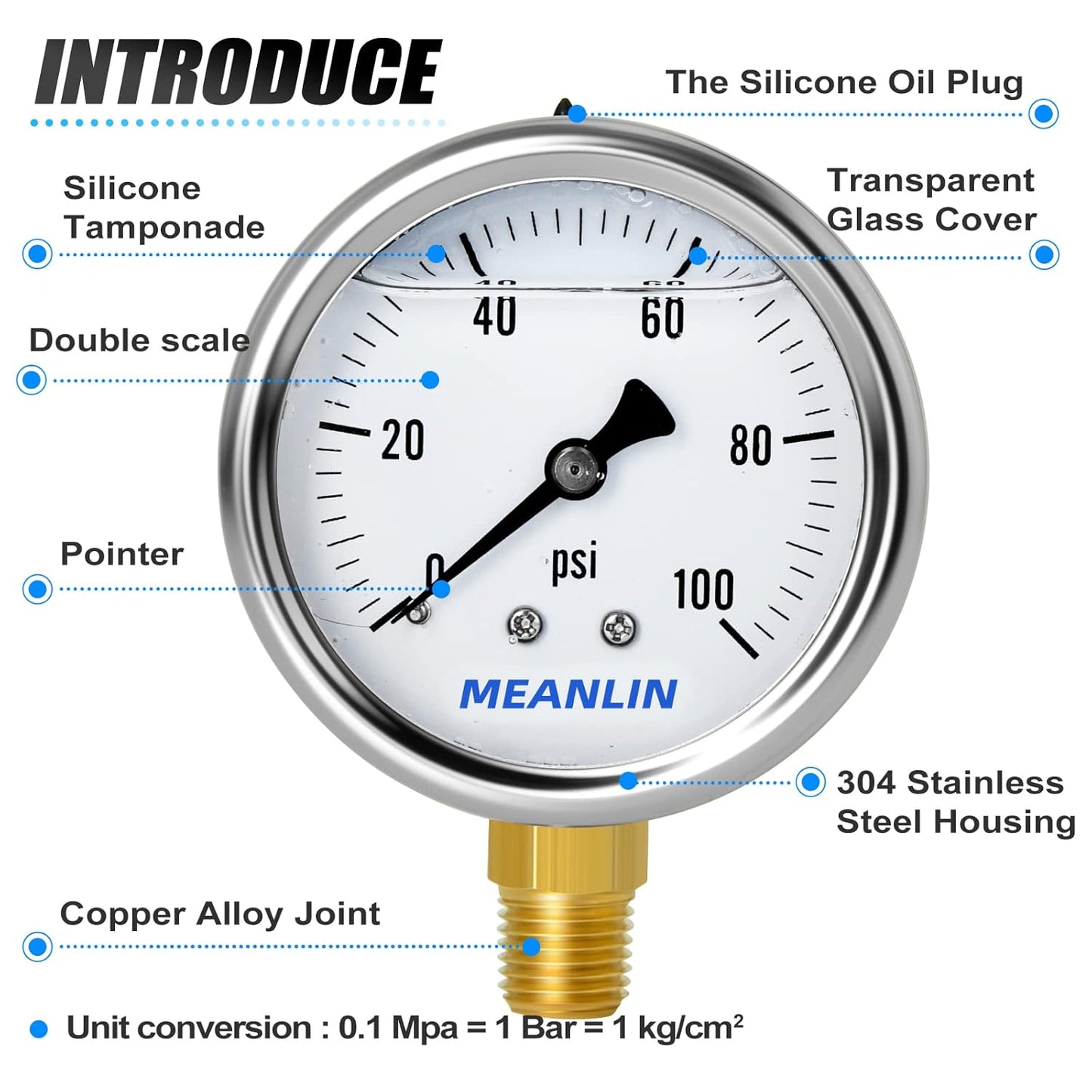 MEANLIN MEASURE 0~100Psi Stainless Steel 1/4" NPT 2.5" Single Scale FACE DIAL, Glycerin Filled Pressure Gauge, WOG Water Oil Air, Lower Mount, with 1/2" NPT and 3/8" NPT Hex Bushing