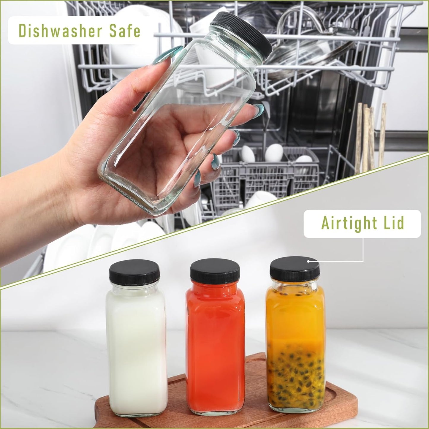 SZUAH 8 oz Glass Juice Bottles with Lids 6 Pack,Reusable Water Bottle,Juicing Bottles for Smoothies, Milk, Storage, Small and portable(240ml，Set of 6)