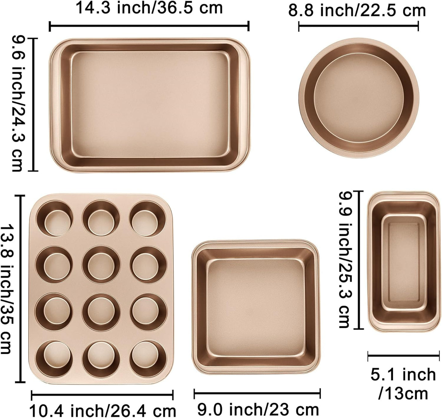 Nonstick Baking Pans Set, 5-Piece Kitchen Baking Sheets for Oven, Bakeware Sets with Round/Square Cake Pan, Muffin Pan, Loaf Pan, Roast Pan, mobzio Cookie Sheet Set Baking Supplies (Champagne Gold)