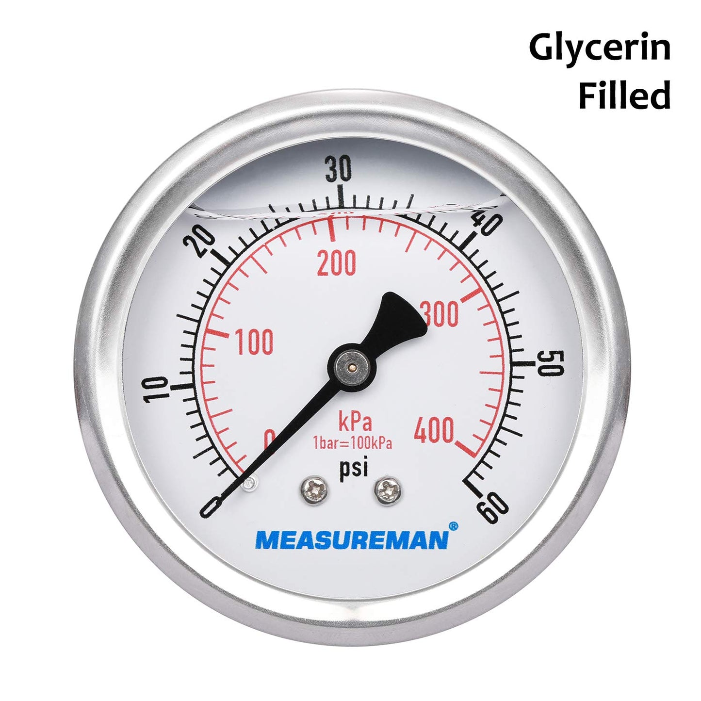 MEASUREMAN 2-1/2inch Dial Size, Liquid Filled Pressure Gauge, 0-60psi/400kpa, 304 Stainless Steel Case, 1/4inchNPT Back Mount