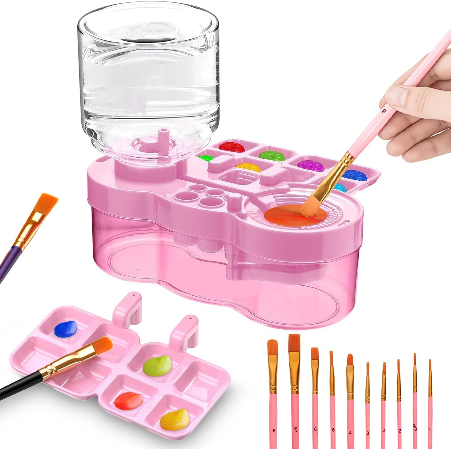 Paint Brush Cleaner Tool with 10 PCS Paint Brushes, Water Cycle Paint Brush Rinser with Holder and Palette, Flush My Brushes, Painting Art Supplies for Artist Beginner Kid