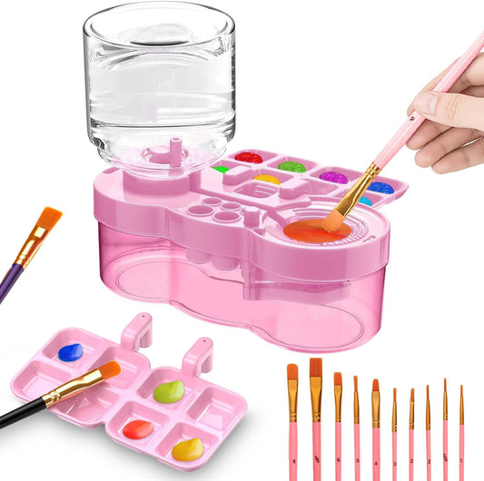 Paint Brush Cleaner Tool with 10 PCS Paint Brushes, Water Cycle Paint Brush Rinser with Holder and Palette, Flush My Brushes, Painting Art Supplies for Artist Beginner Kid