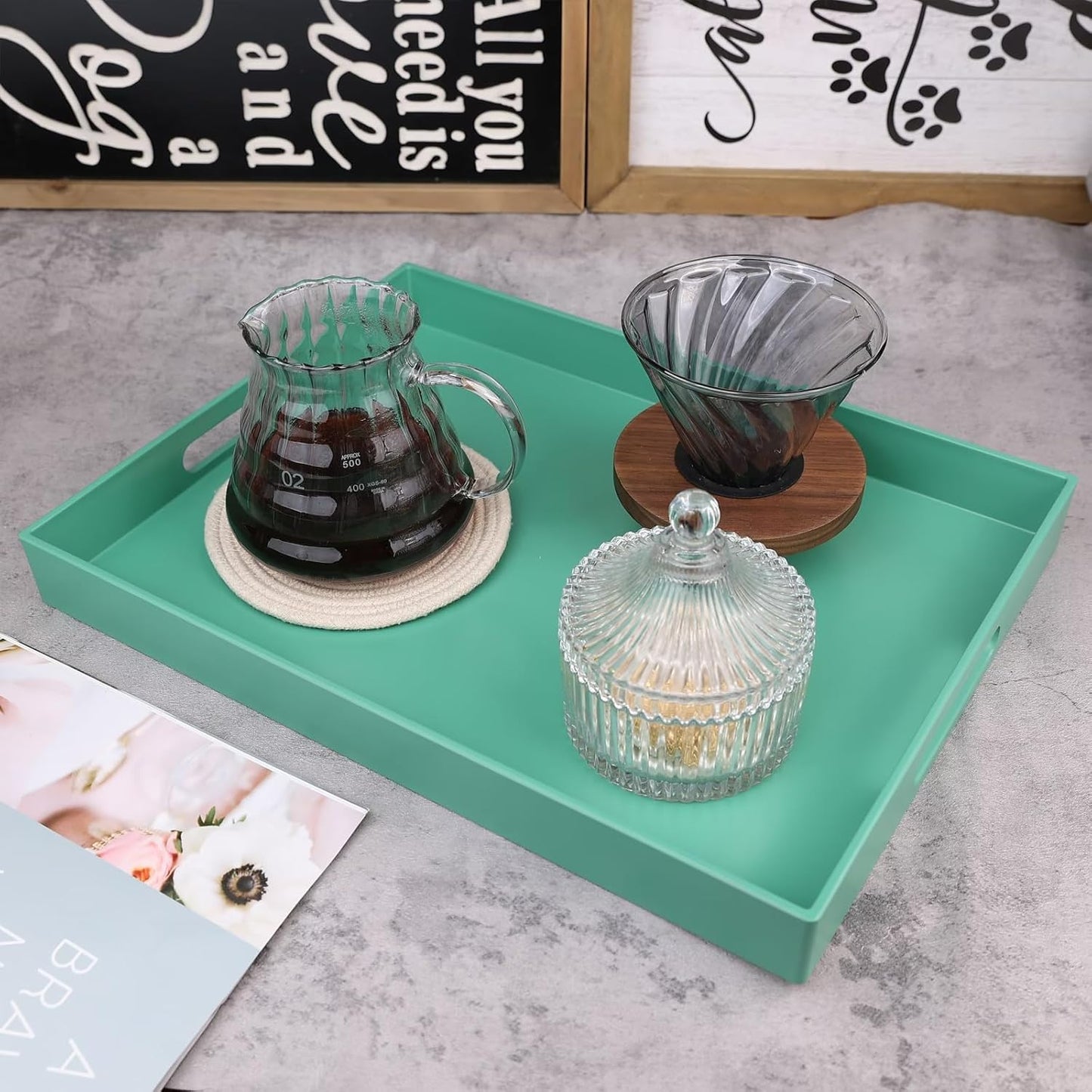 Green Serving Tray for Coffee Table, Rectangular Plastic Decorative Tray with Handles for Entertaining, Outdoor Patio, Living Room, Ottoman, Bathroom Counter, 11.8”*15.7”*1.6”