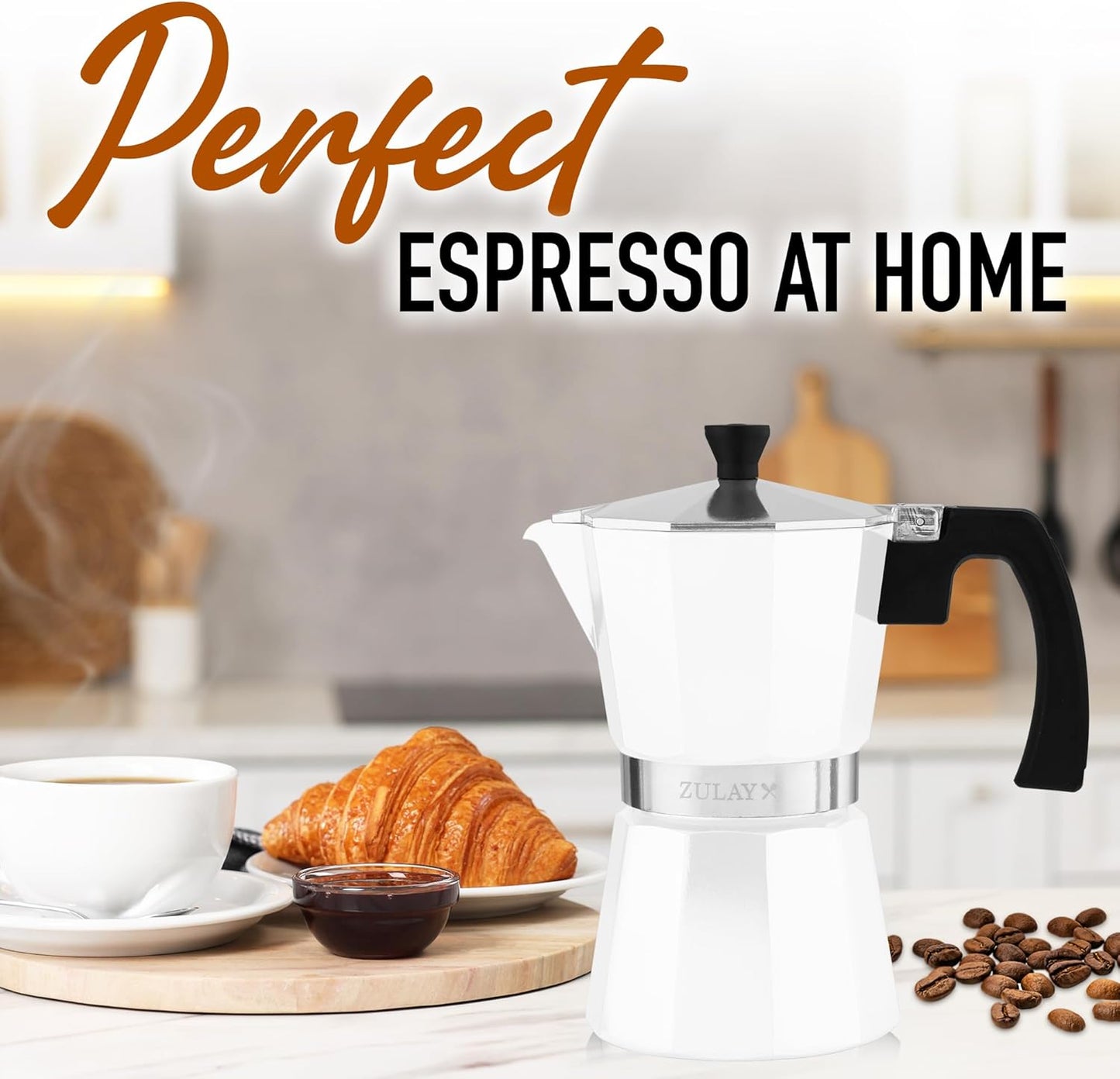 Zulay Moka Pot Espresso Stovetop Coffee Maker - Leak-Proof, Stainless Steel, Easy to Clean, Heat Resistant Handle & Knob - for Authentic Cuban & Italian Style Espresso - Makes 6 Espresso Cups - White