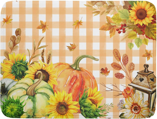 Autumn Maple Leaf Orange White Check Plaids Dish Drying Mat for Kitchen Counter,Fall Sunflower Pumpkin Drying Mat 18 x 24 Inch with Absorbent Reversible Microfiber Dish Drying Pad for Coffee Bar