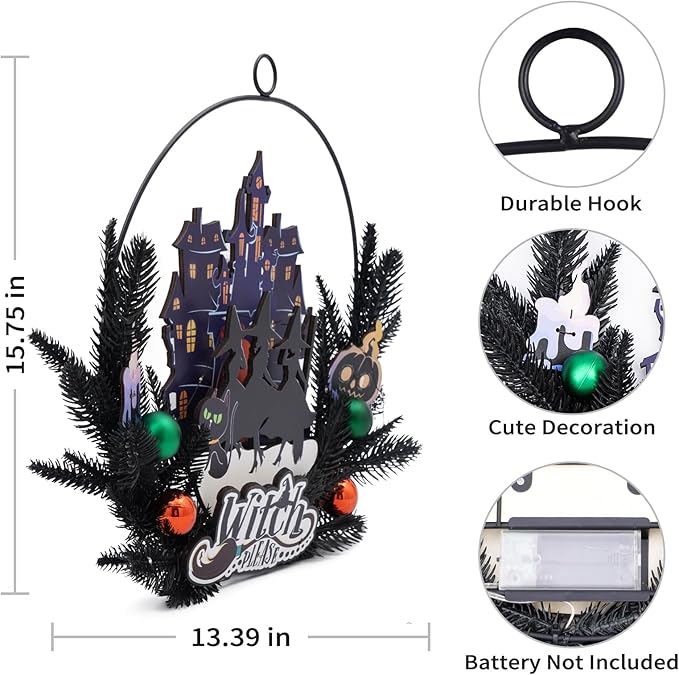 Lighted Halloween Wreaths for Front Door, Welcome Metal Wooden Door Wreath Decor Hanging Sign, 30 LED Lighted Wall Decor Battery Operated for Halloween Indoor Outdoor (Witch)
