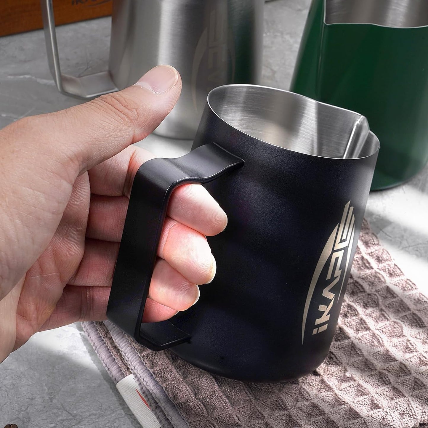 IKAPE Espresso Milk Pitcher, Espresso Steaming Pitcher with Sharp Spout for Espresso Barista Tool, 20.3 oz / 600ml Milk Frothing Jug (Black)