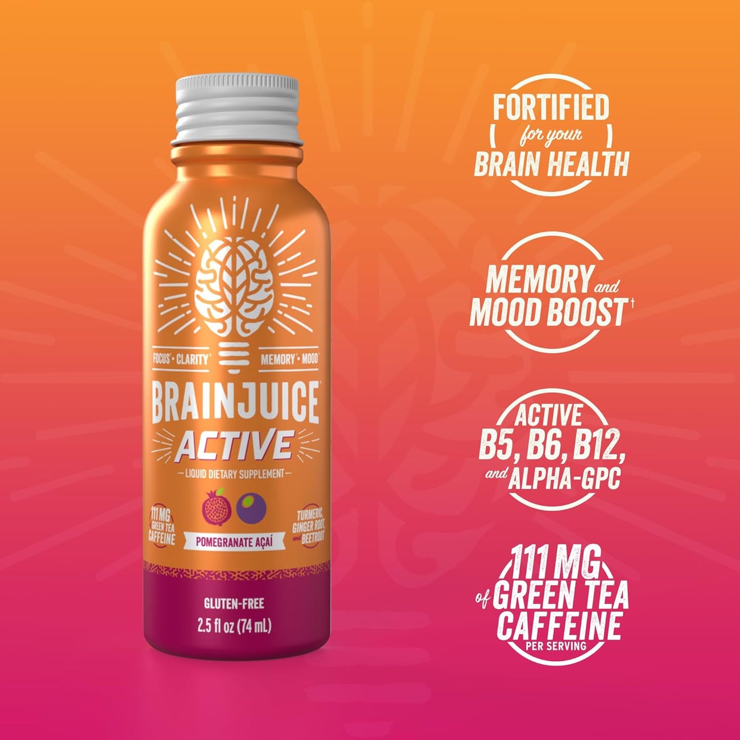 BrainJuice Active Focus & Energy Drink Shots, Supports Endurance, Recovery & Clarity, Non-GMO, Gluten Free, Nootropics, Alpha GPC, B Vitamins & Organic Green Tea, Pomegranate Acai, 2.5 fl oz, 12 Pack